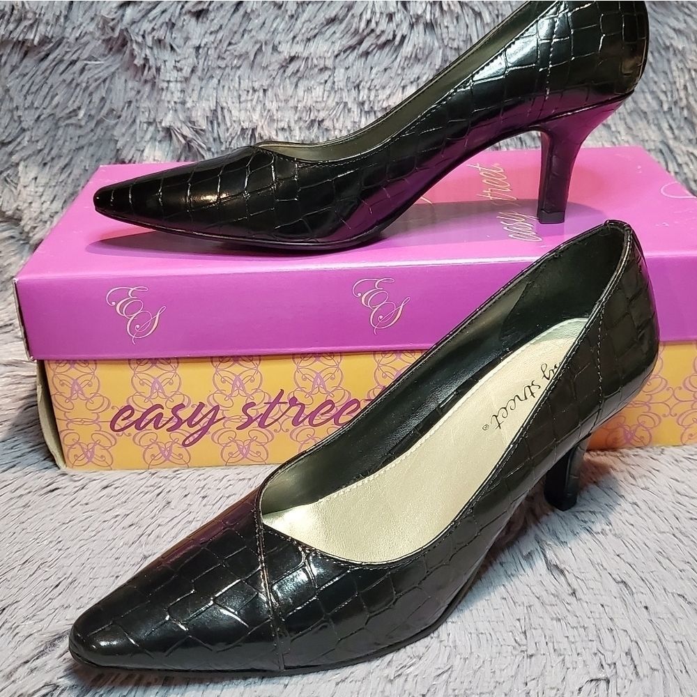 Easy Street Chiffon Black Patent Croc Heels